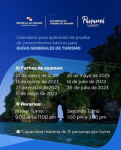 Calendario para aplicación de prueba de conocimientos básicos para GUÍAS GENERALES DE TURISMO @ Autoridad de Turismo de Panamá, Torre BICSA, Piso 28.